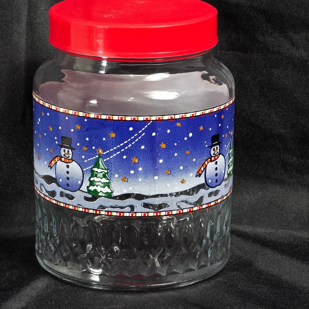 Rare Holiday Snowman Jar KIG Vintage Christmas Glass Red Lid Decorative Storage